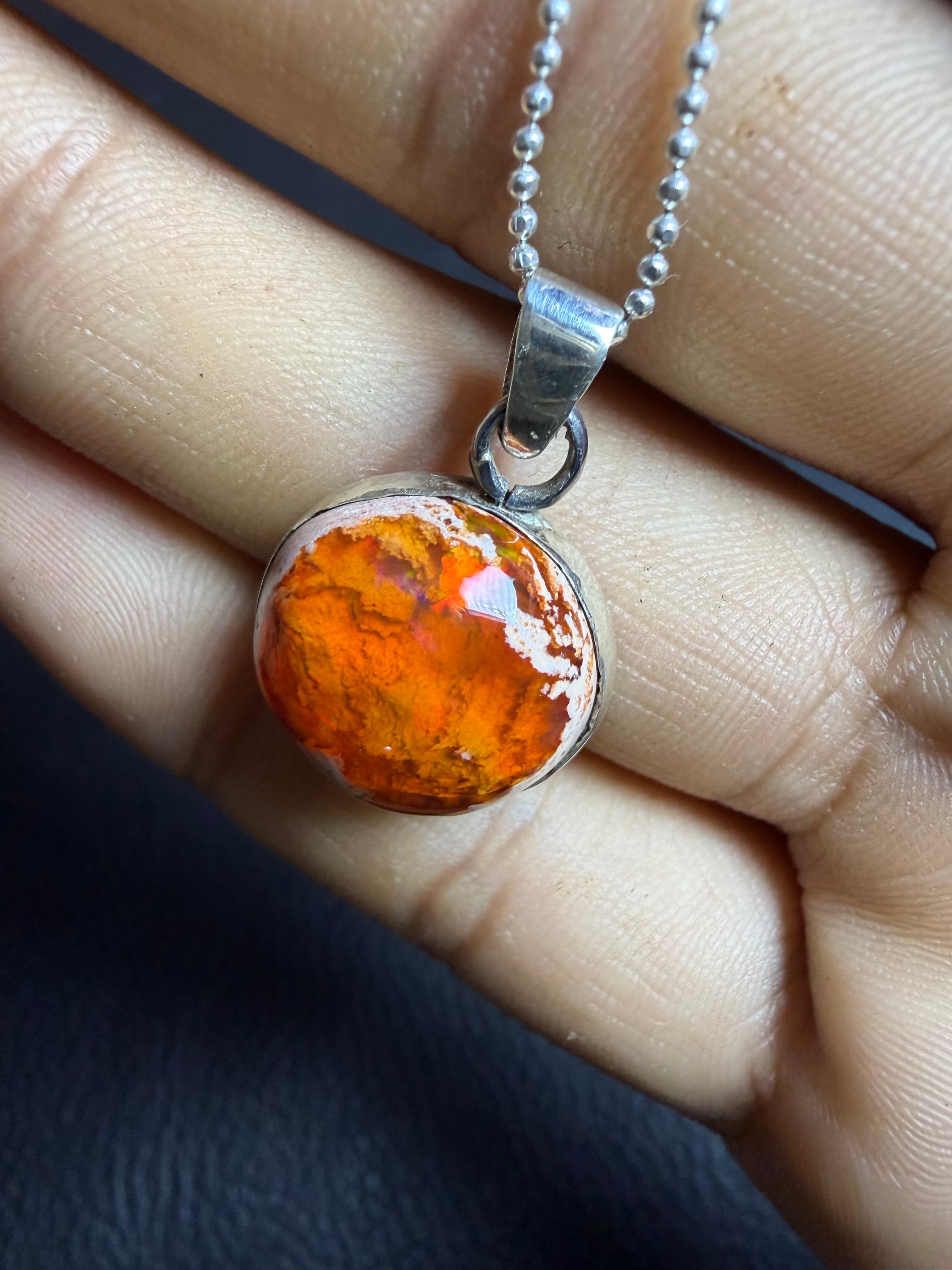 Mexican Fire Opal Pendant in Sterling Silver, Cantera Opal in Matrix