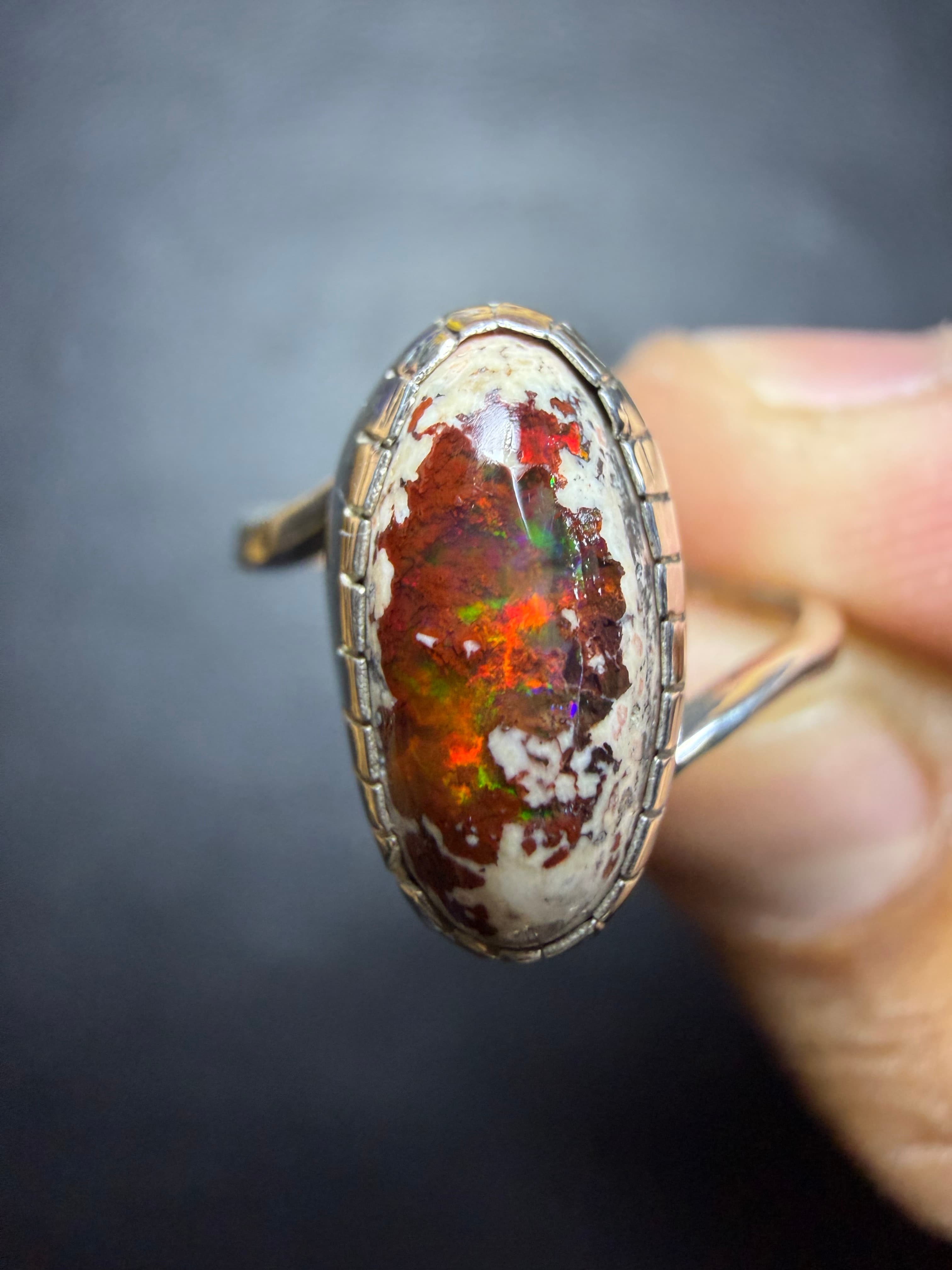 Mexican Fire Opal Ring in Sterling Silver, Cantera Opal in Matrix, Handmade