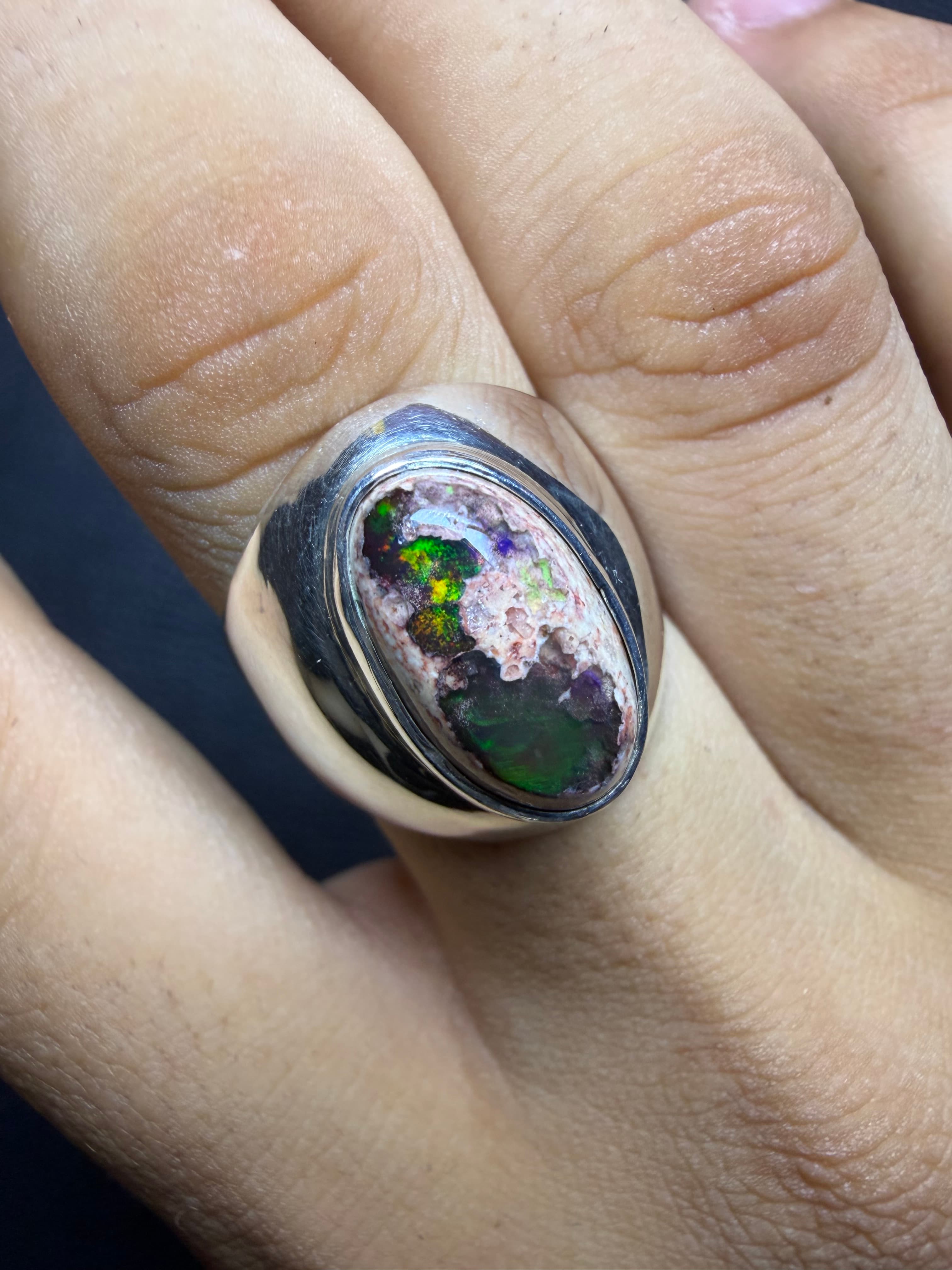 Mexican Fire Opal Ring in Sterling Silver, Cantera Opal in Matrix, Adjustable Statement Ring