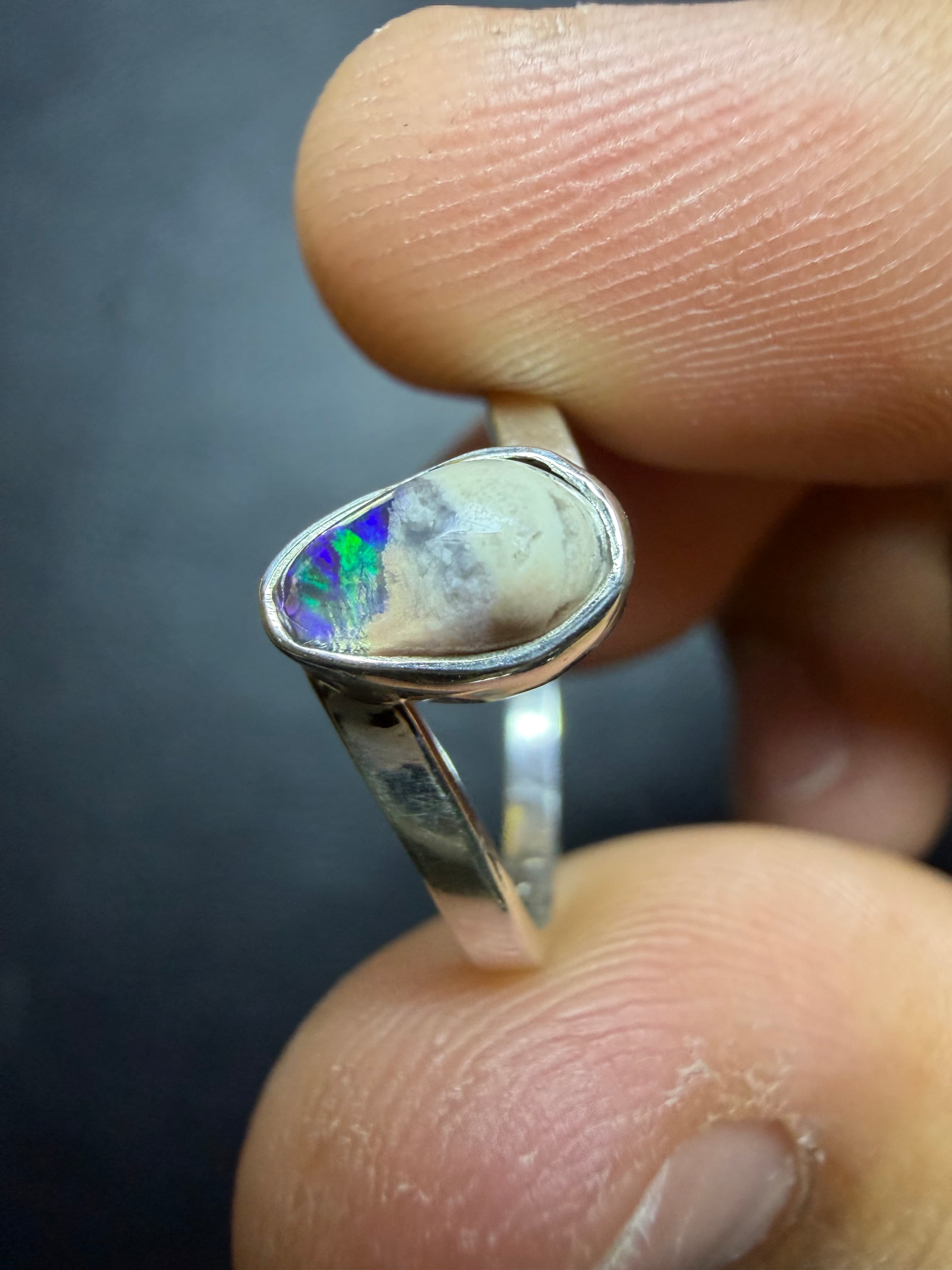 Mexican Fire Opal Ring in Sterling Silver, Cantera Opal in Matrix, Blue Green Flash, Handmade Boho