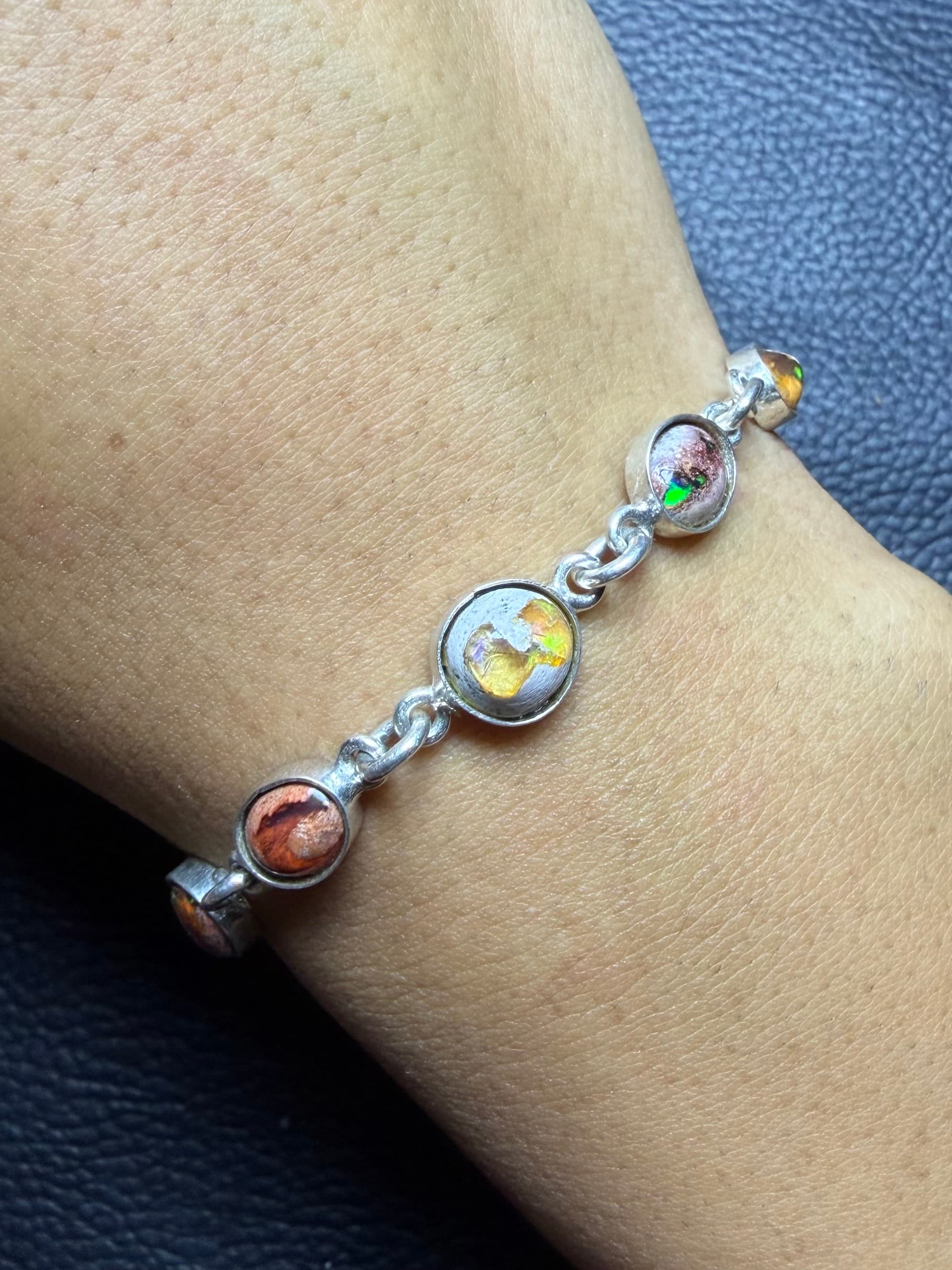 Mexican Fire Opal Bracelet in Sterling Silver, Cantera Opal in Matrix, Multicolor Gemstone Bracelet