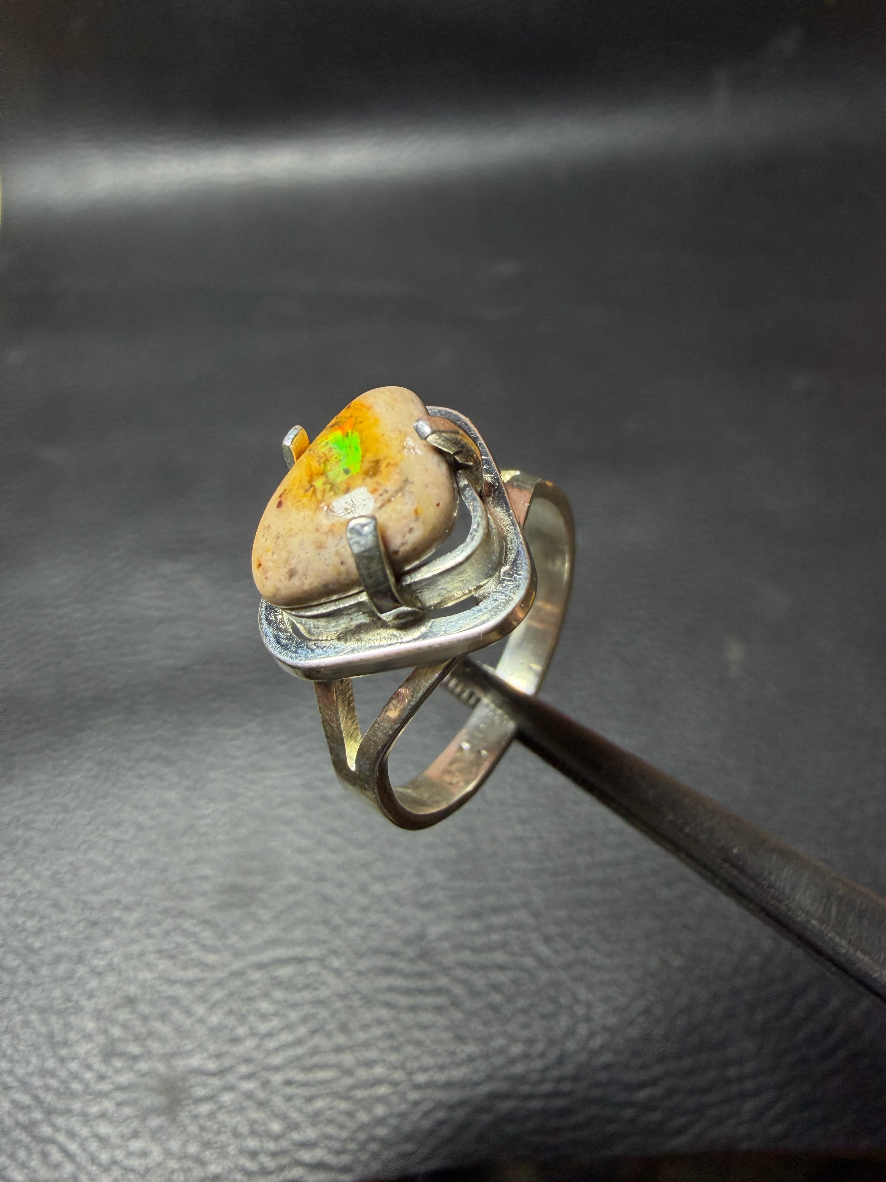 Mexican Fire Opal Ring in Sterling Silver, Cantera Opal in Matrix, Minimalist Triangle Cabochon
