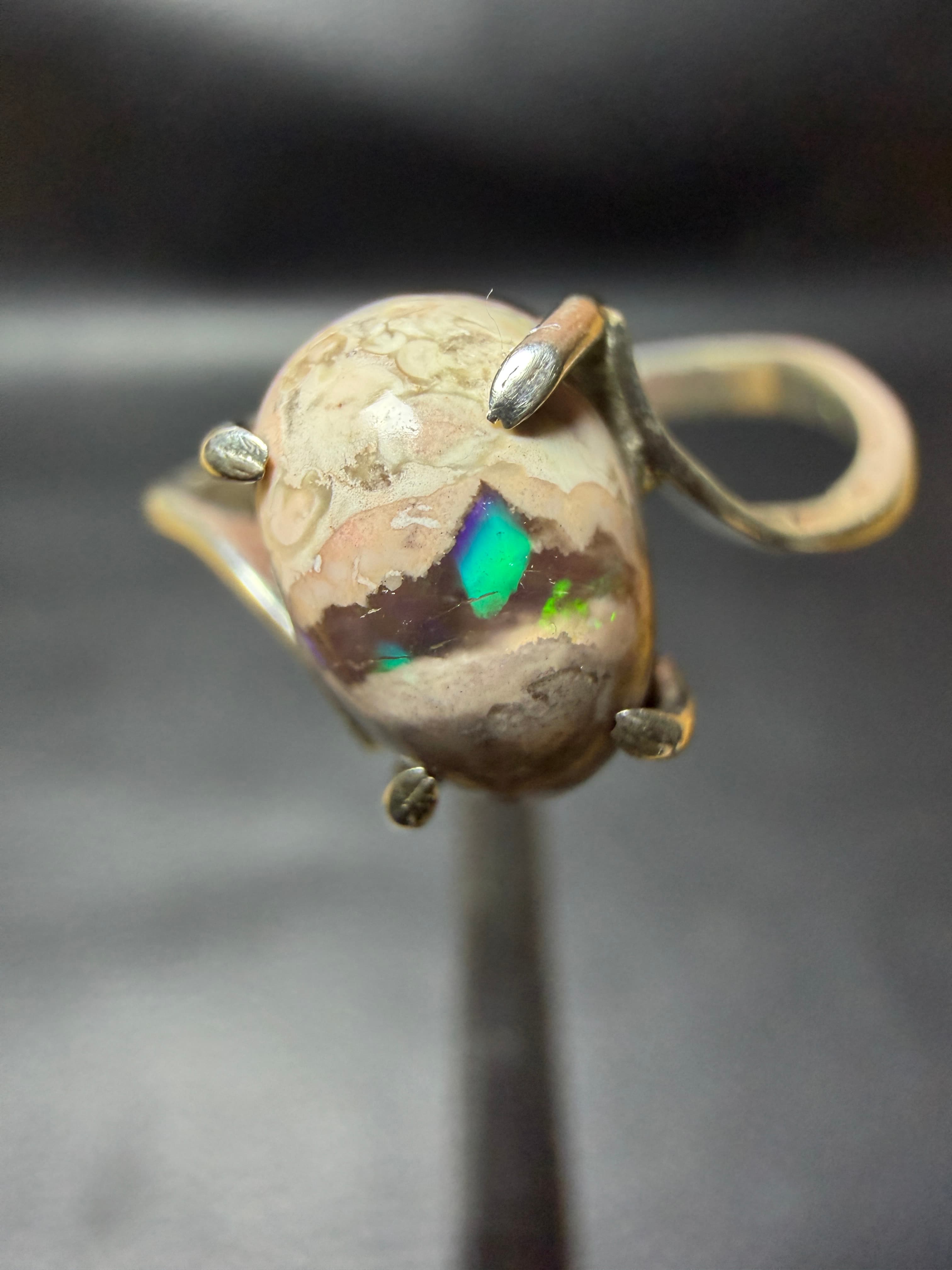 Mexican Fire Opal Ring in Sterling Silver, Cantera Opal in Matrix, Green Blue Flash, Prong Set Cabochon