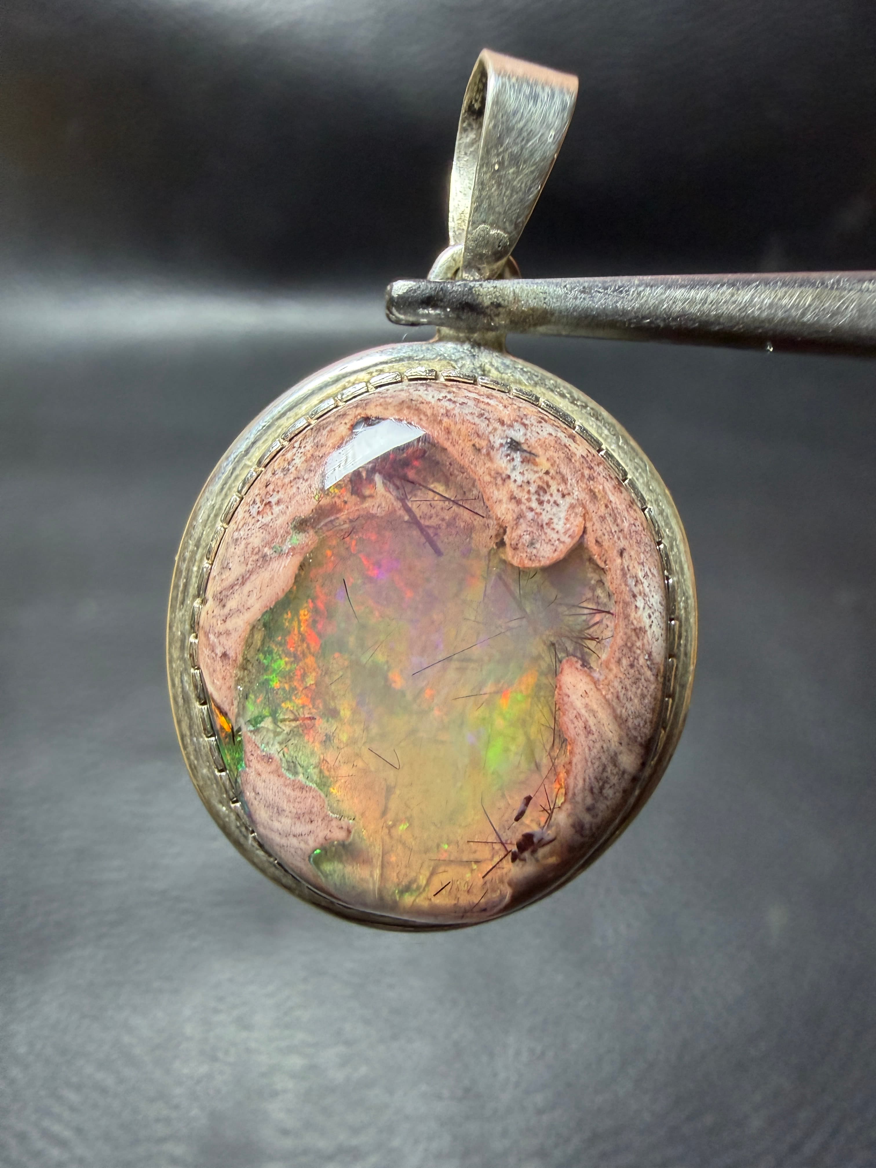 Mexican Fire Opal Pendant in Sterling Silver, Cantera Opal in Matrix Necklace, Rainbow Flash