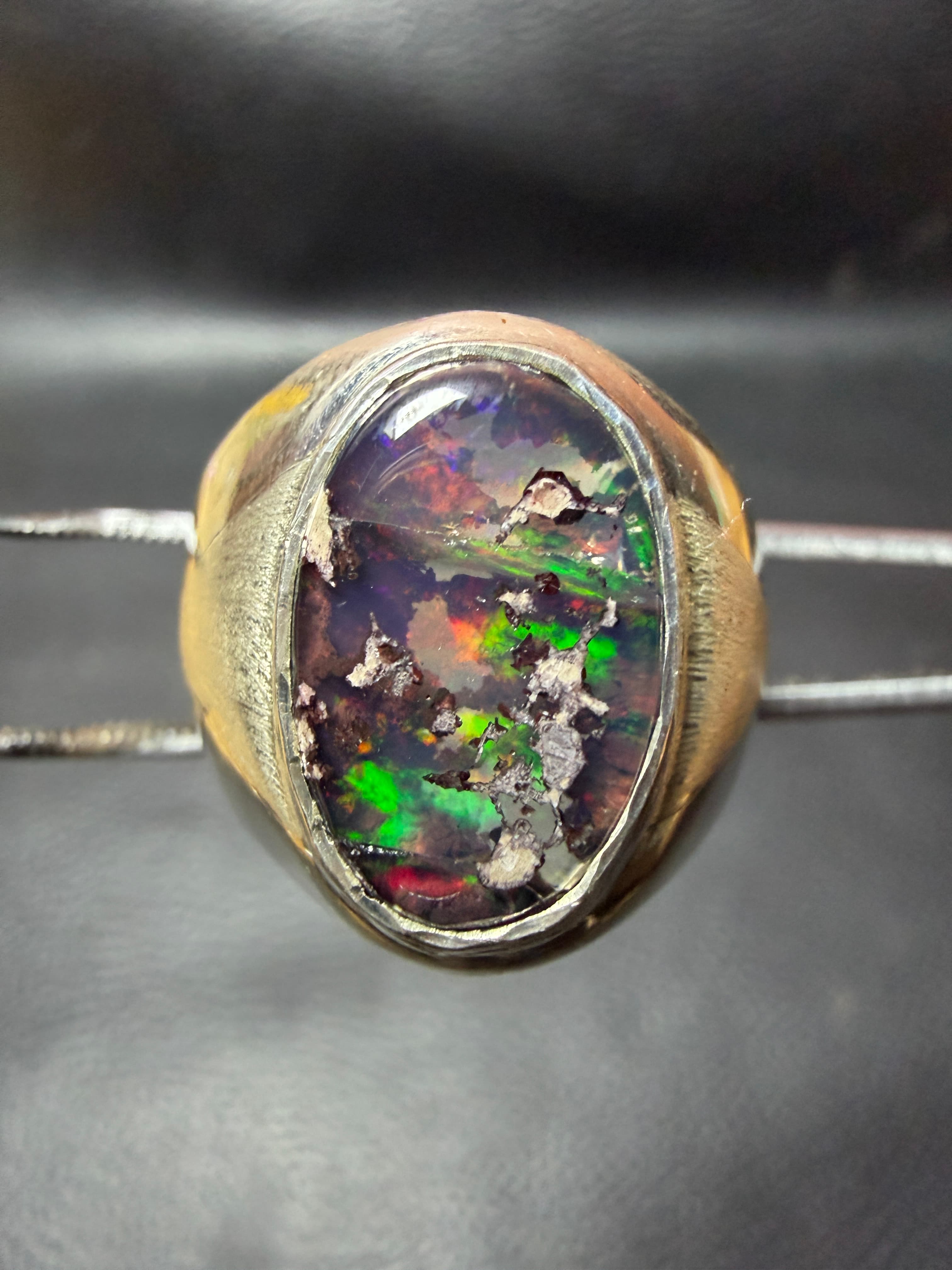 Mexican Fire Opal Ring in Sterling Silver, Green Flash Cantera Opal, Opal in Matrix