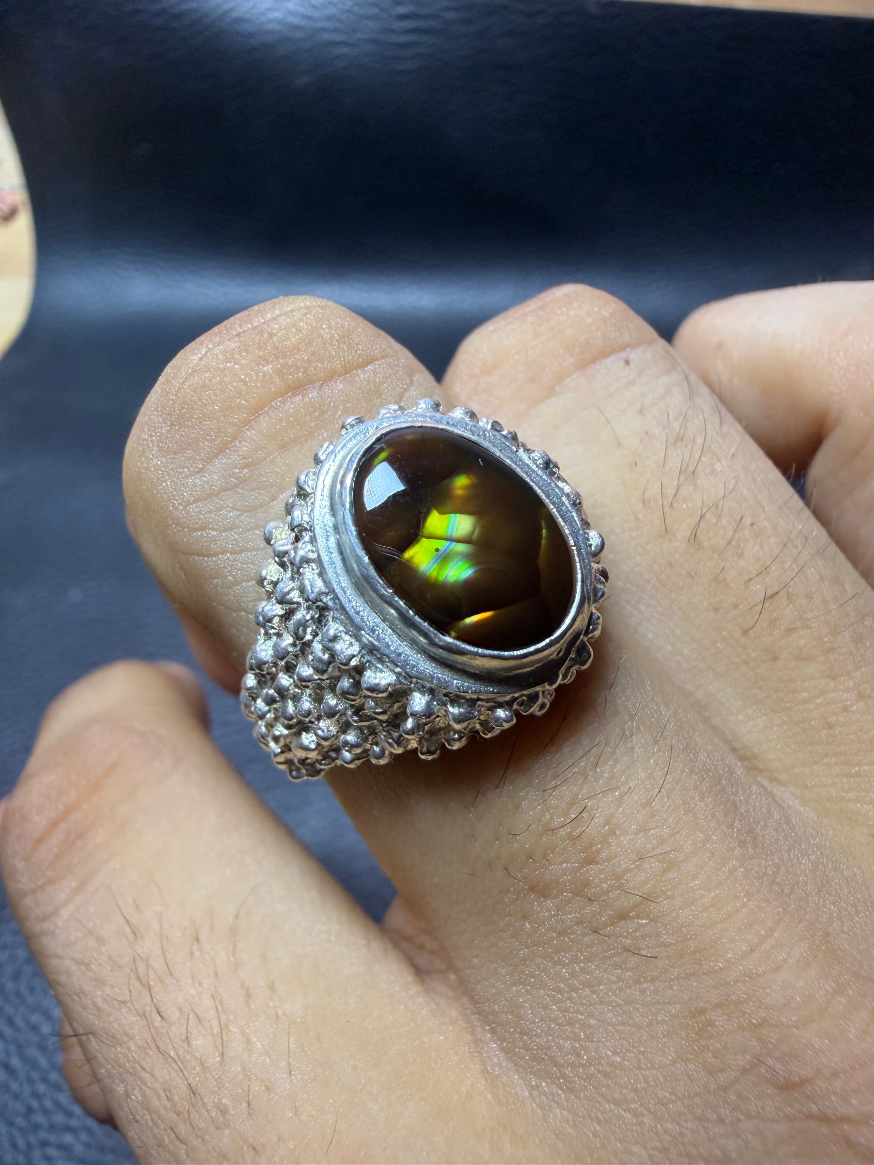 Mexican Fire Opal Ring in Sterling Silver, Cantera Opal Matrix, Dark Honey Brown Stone