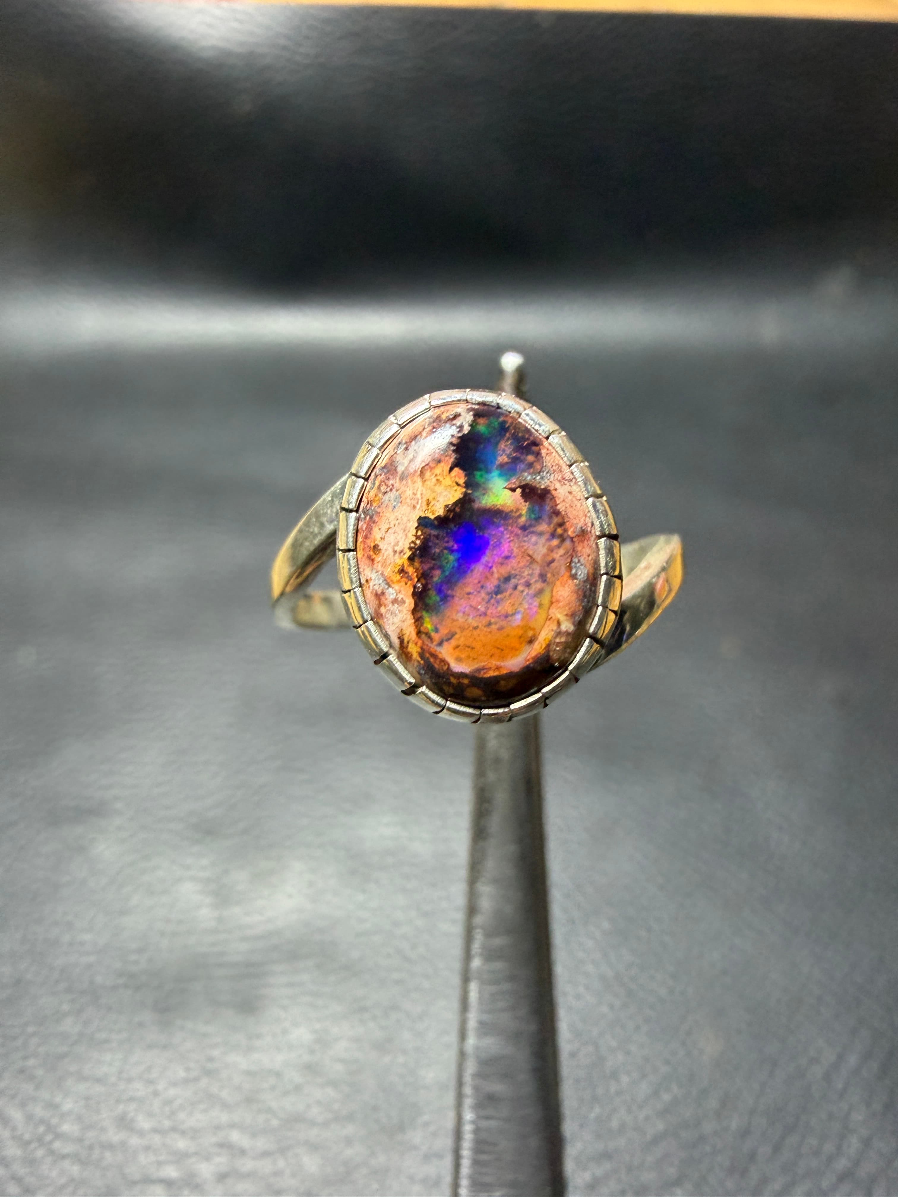Mexican Fire Opal Ring in Sterling Silver, Purple Cantera Opal, Minimalist Oval Cabochon, Custom Size