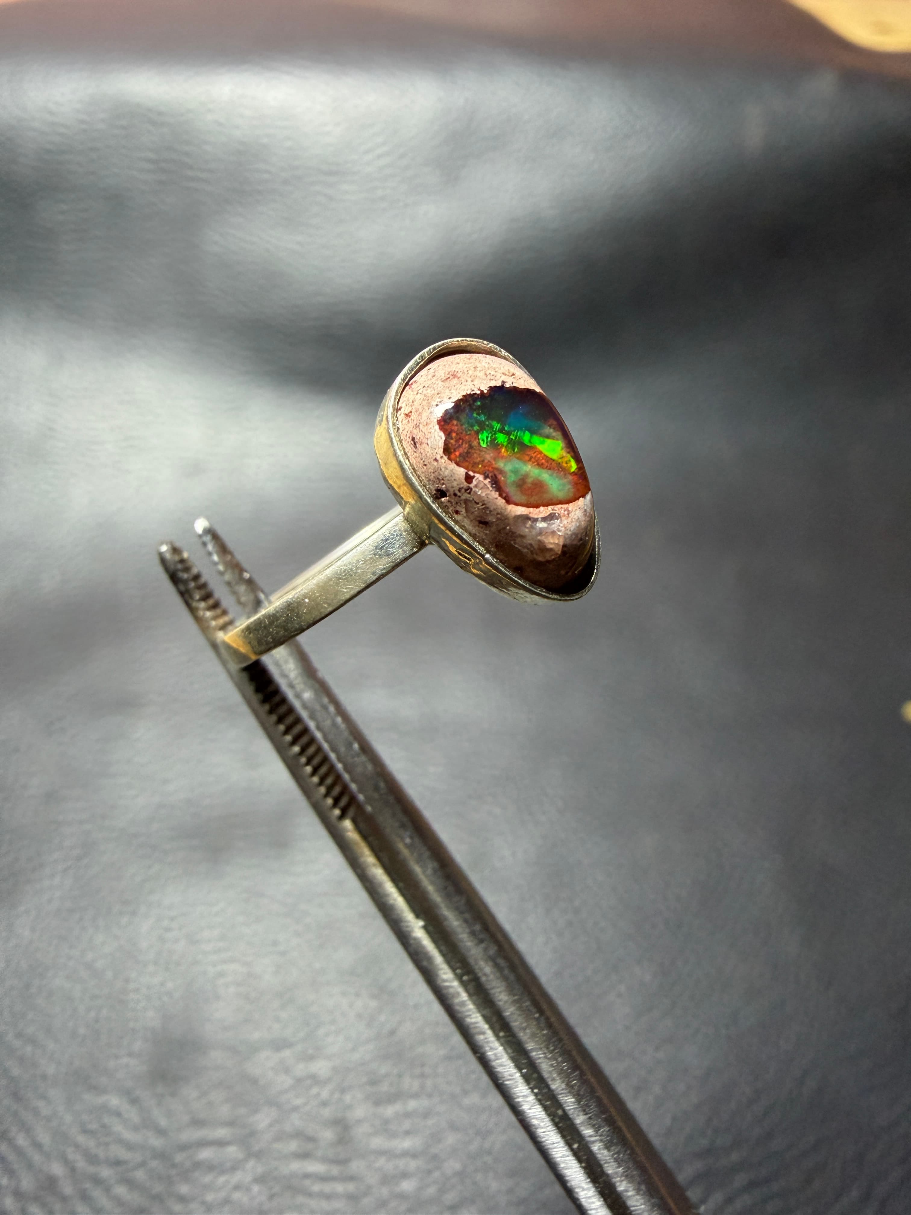 Mexican Fire Opal Ring in Sterling Silver, Cantera Opal in Matrix, Minimalist Bezel