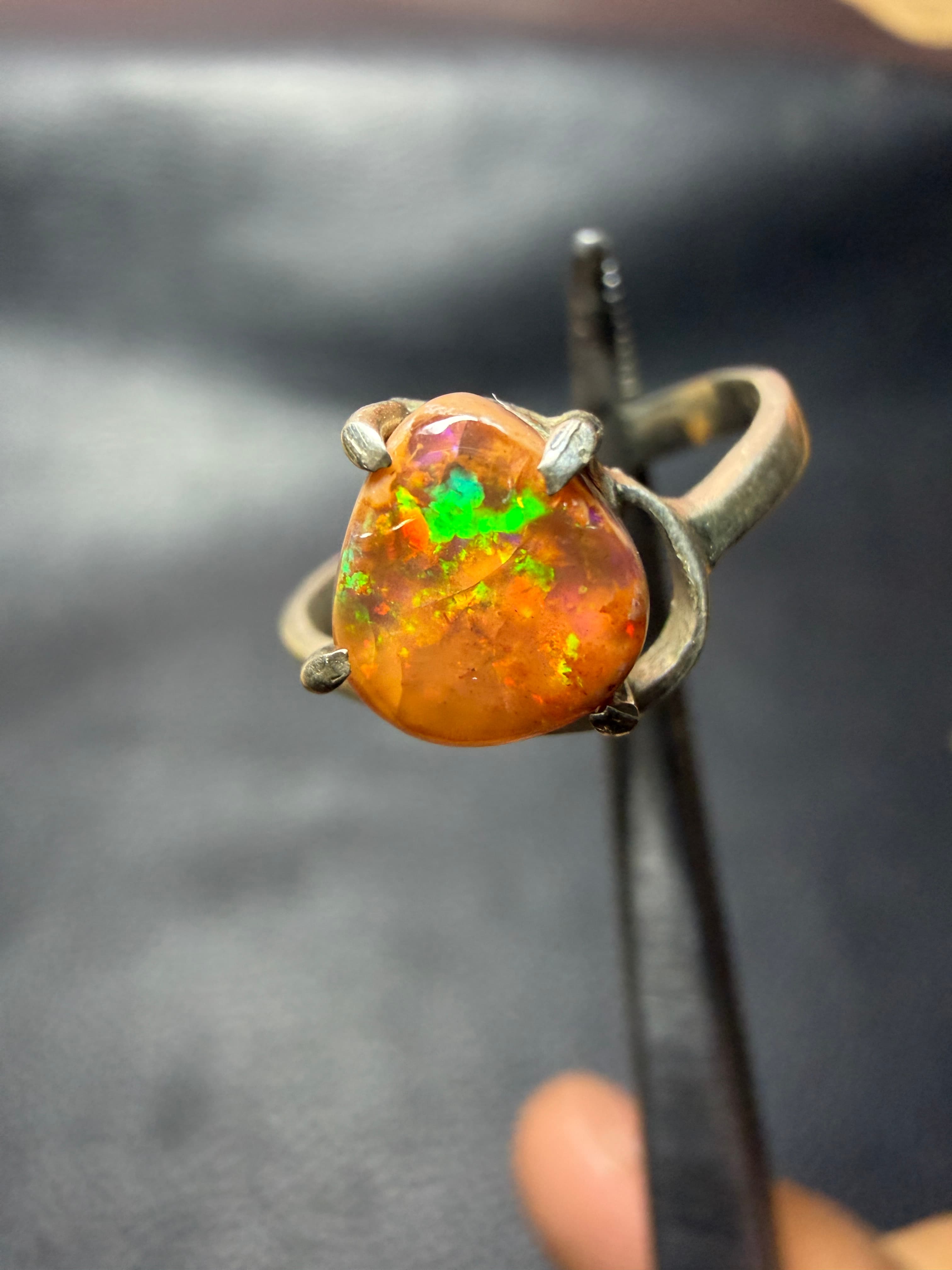 Mexican Fire Opal Ring in Sterling Silver, Orange Cantera Opal in Matrix