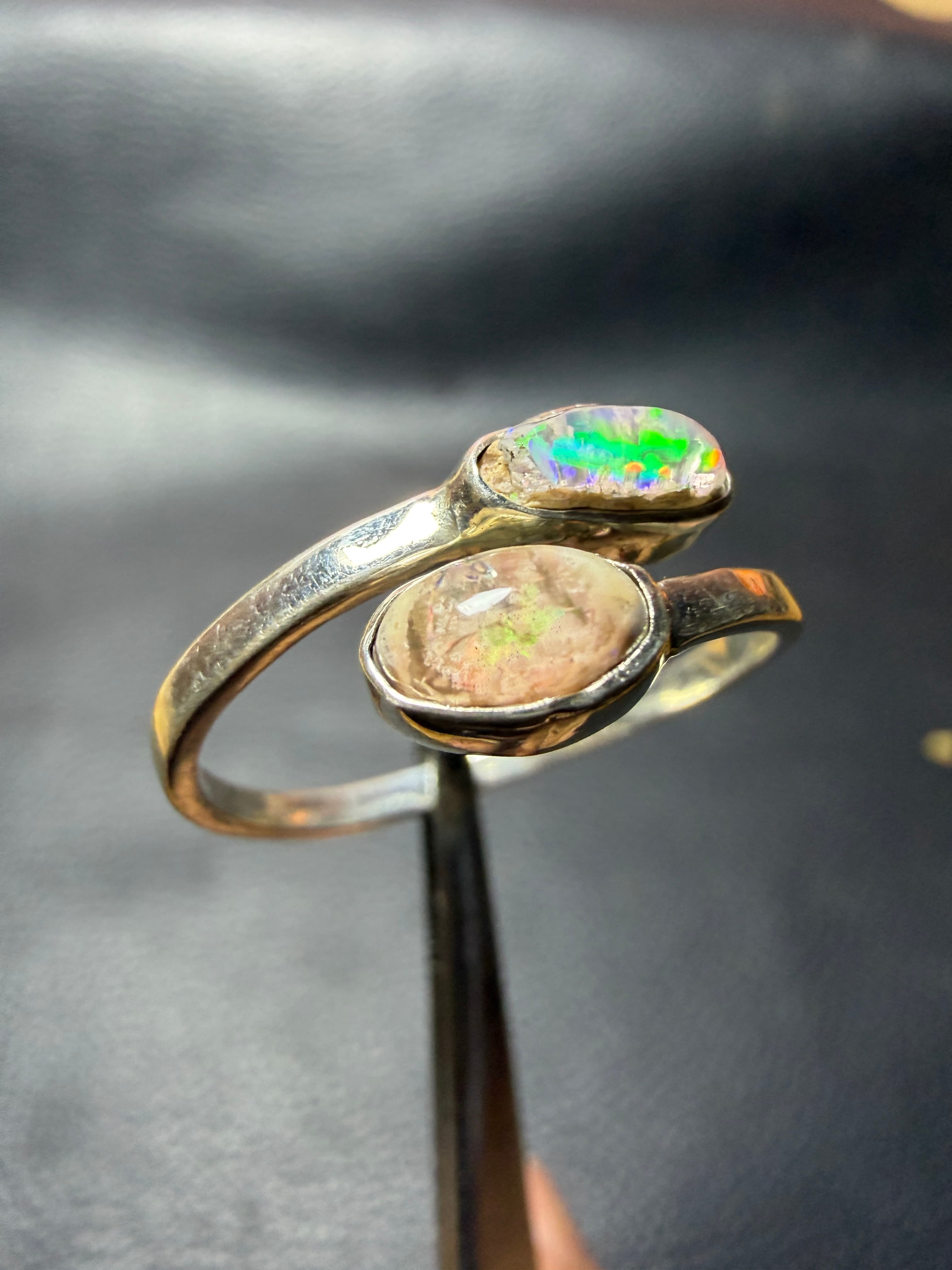 Mexican Fire Opal Ring in Sterling Silver, Two Stone Cantera Opal Ring, Adjustable
