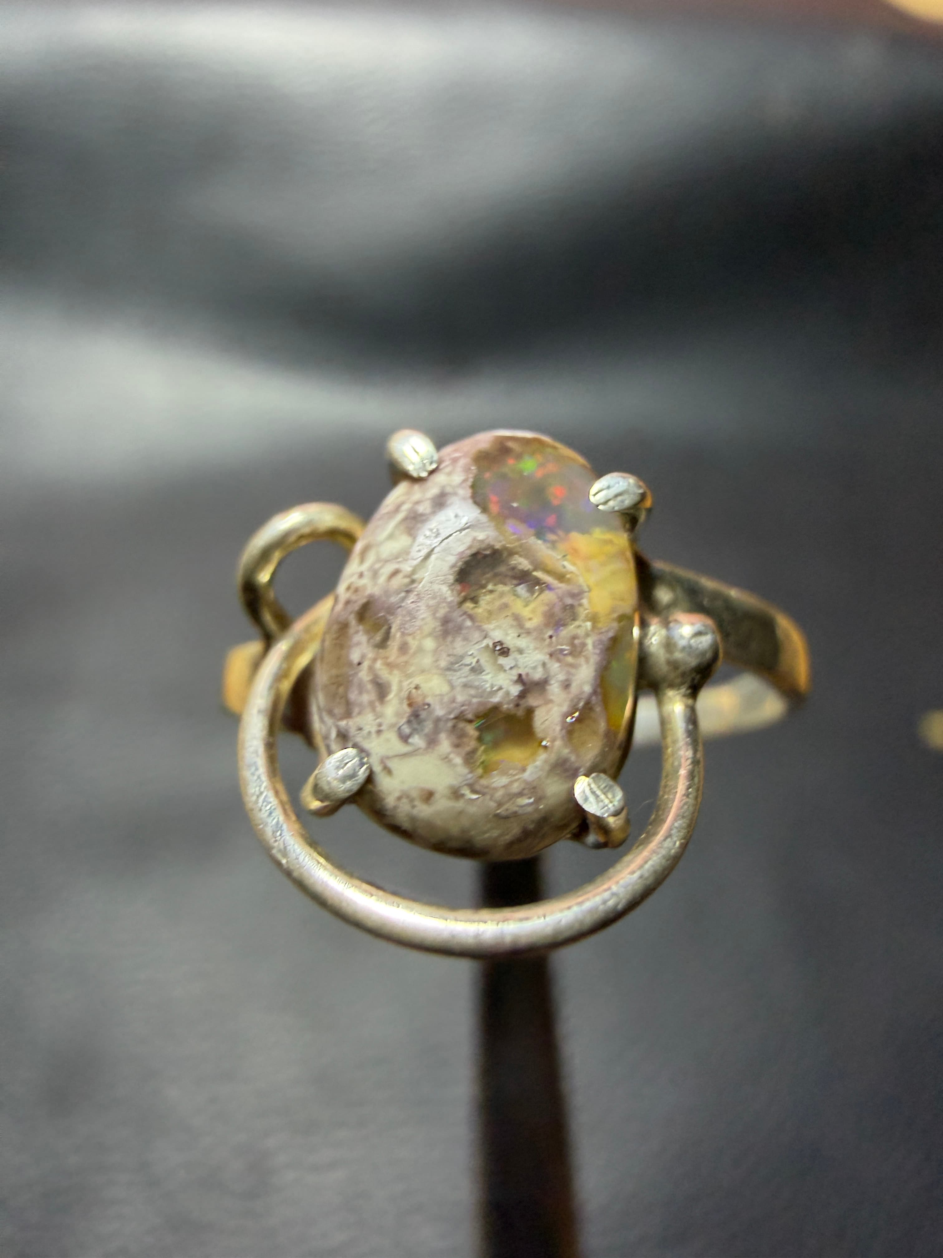 Mexican Fire Opal Ring in Sterling Silver, Natural Cantera Opal in Matrix, Minimalist Statement Ring
