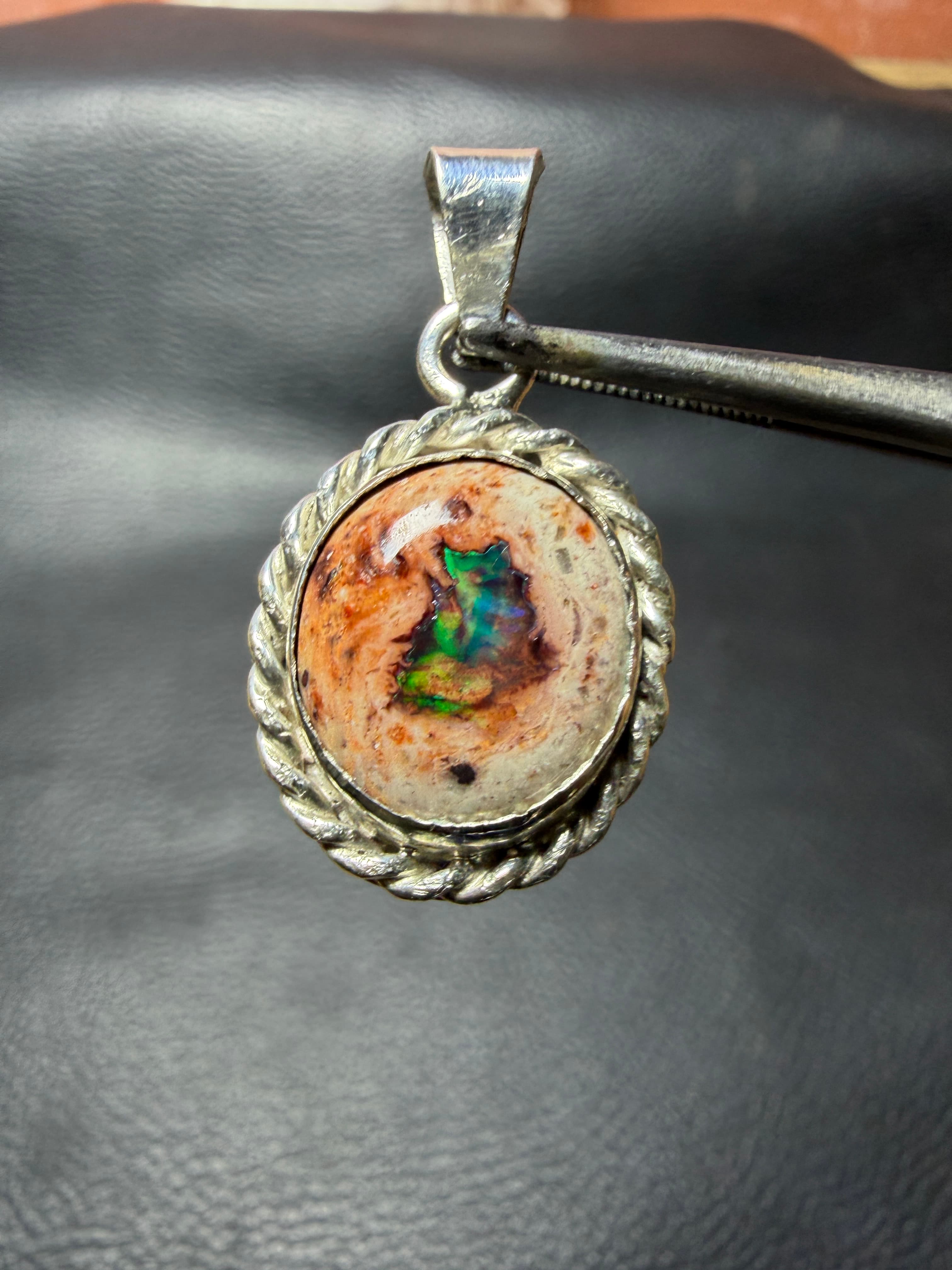 Mexican Fire Opal Pendant in Sterling Silver, Cantera Opal with Rainbow Flashes, Chain Included