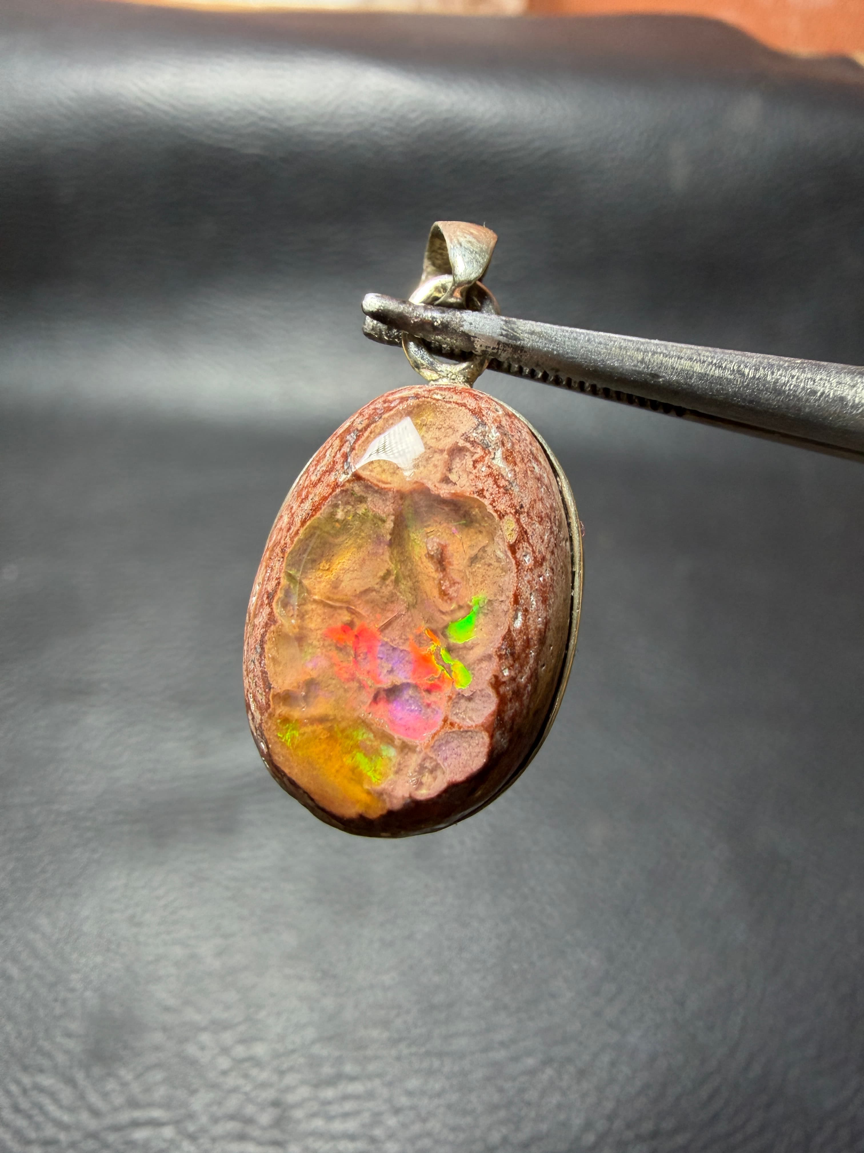 Mexican Fire Opal Pendant in Sterling Silver, Cantera Opal with Rainbow Flash, Chain Included