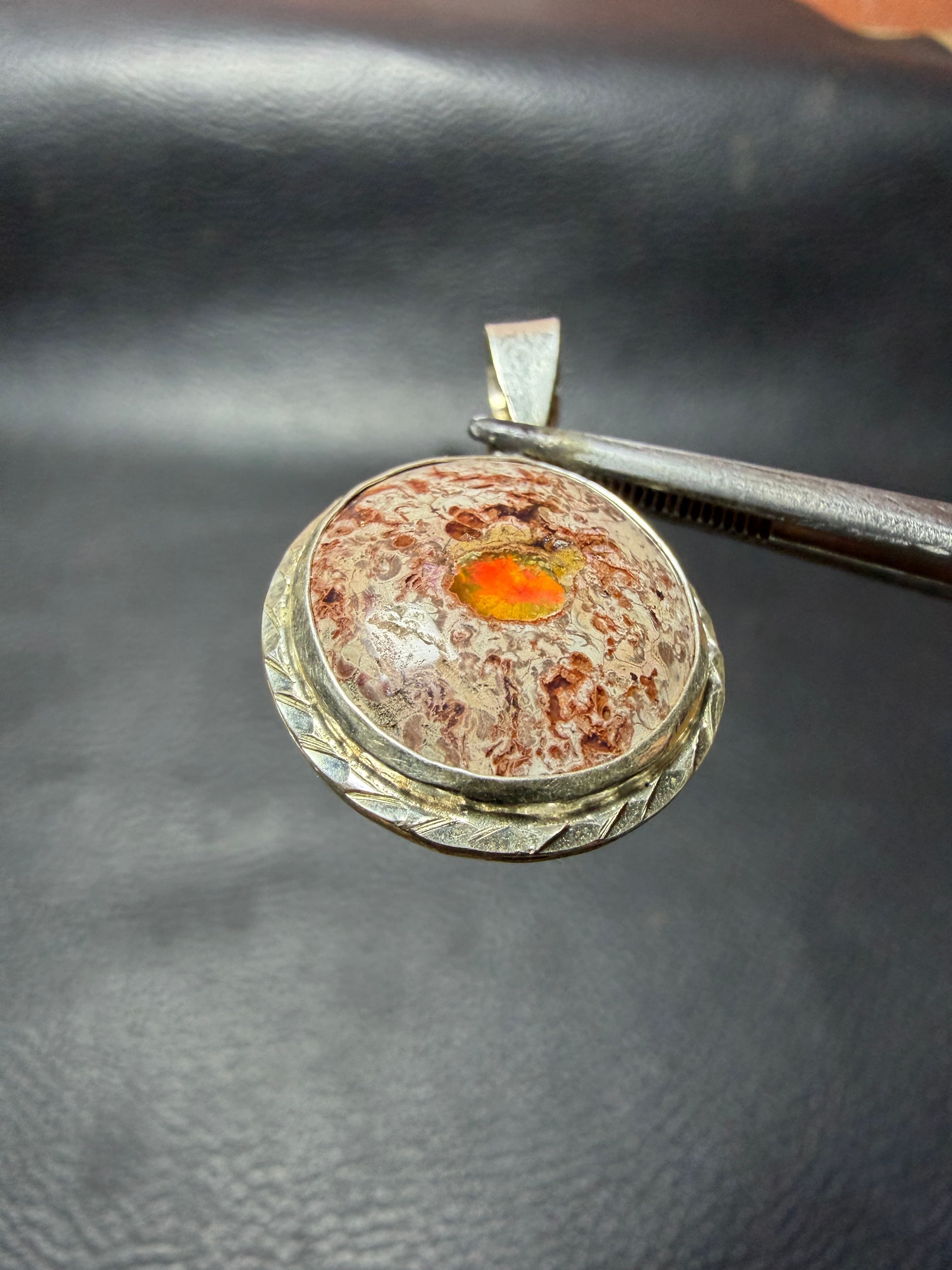 Mexican Fire Opal Pendant in Sterling Silver, Cantera Opal in Matrix, Minimalist