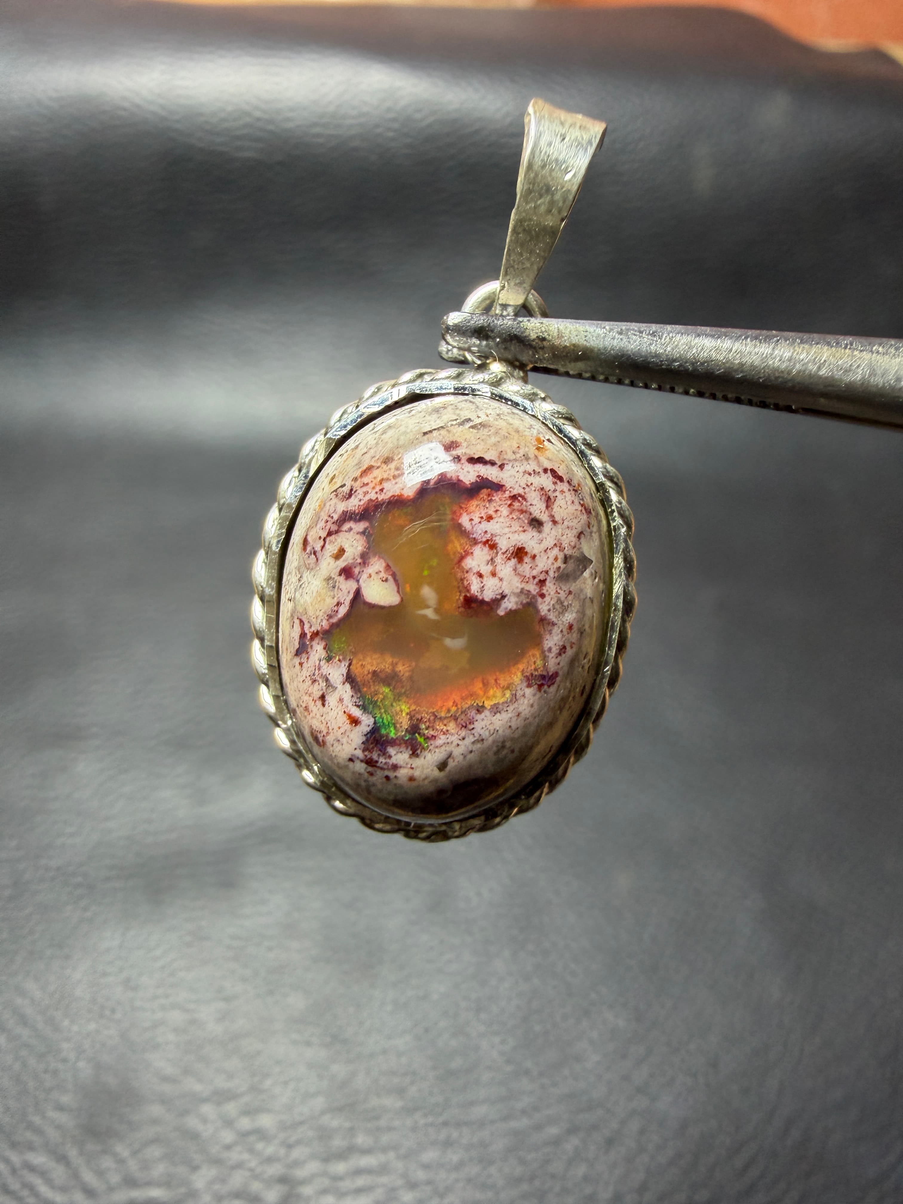 Mexican Fire Opal Pendant in Sterling Silver, Cantera Opal in Matrix, Brown and Green Flash, Handmade Cabochon