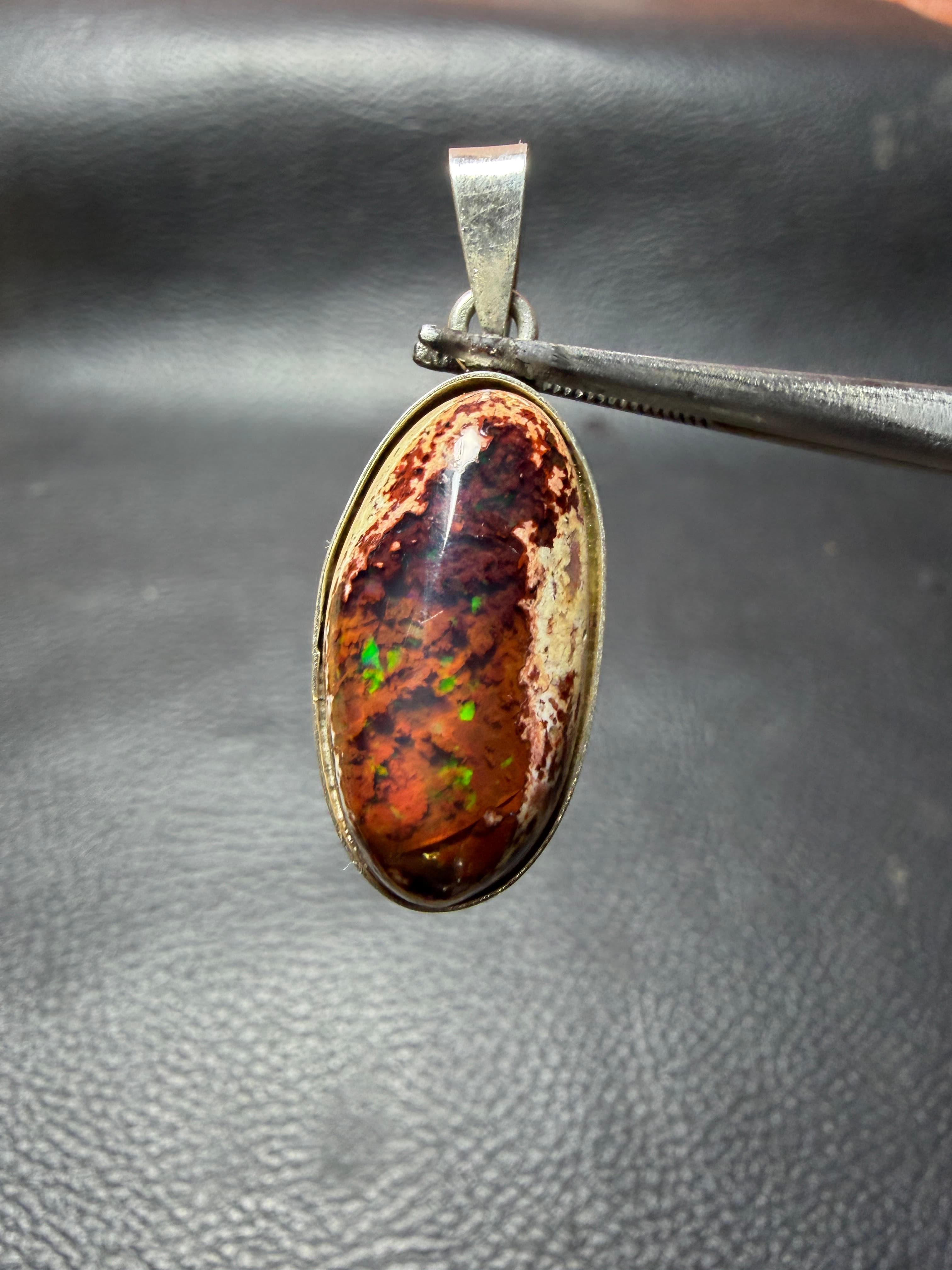Mexican Fire Opal Pendant in Sterling Silver, Cantera Opal in Matrix, Orange Red Rainbow Flash, Minimalist Bezel