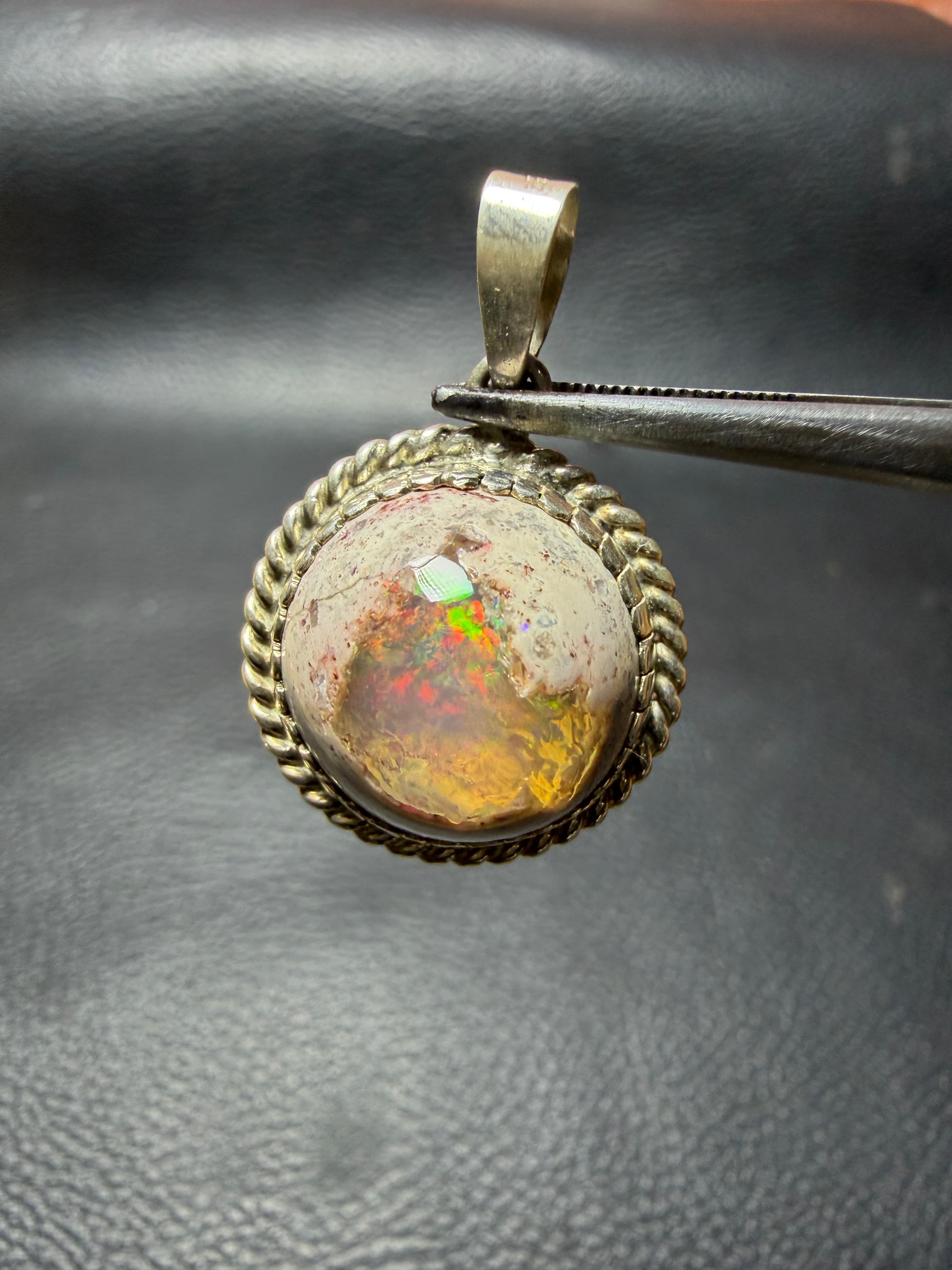 Mexican Fire Opal Pendant in Sterling Silver, Cantera Opal in Matrix Necklace, Rainbow Flash