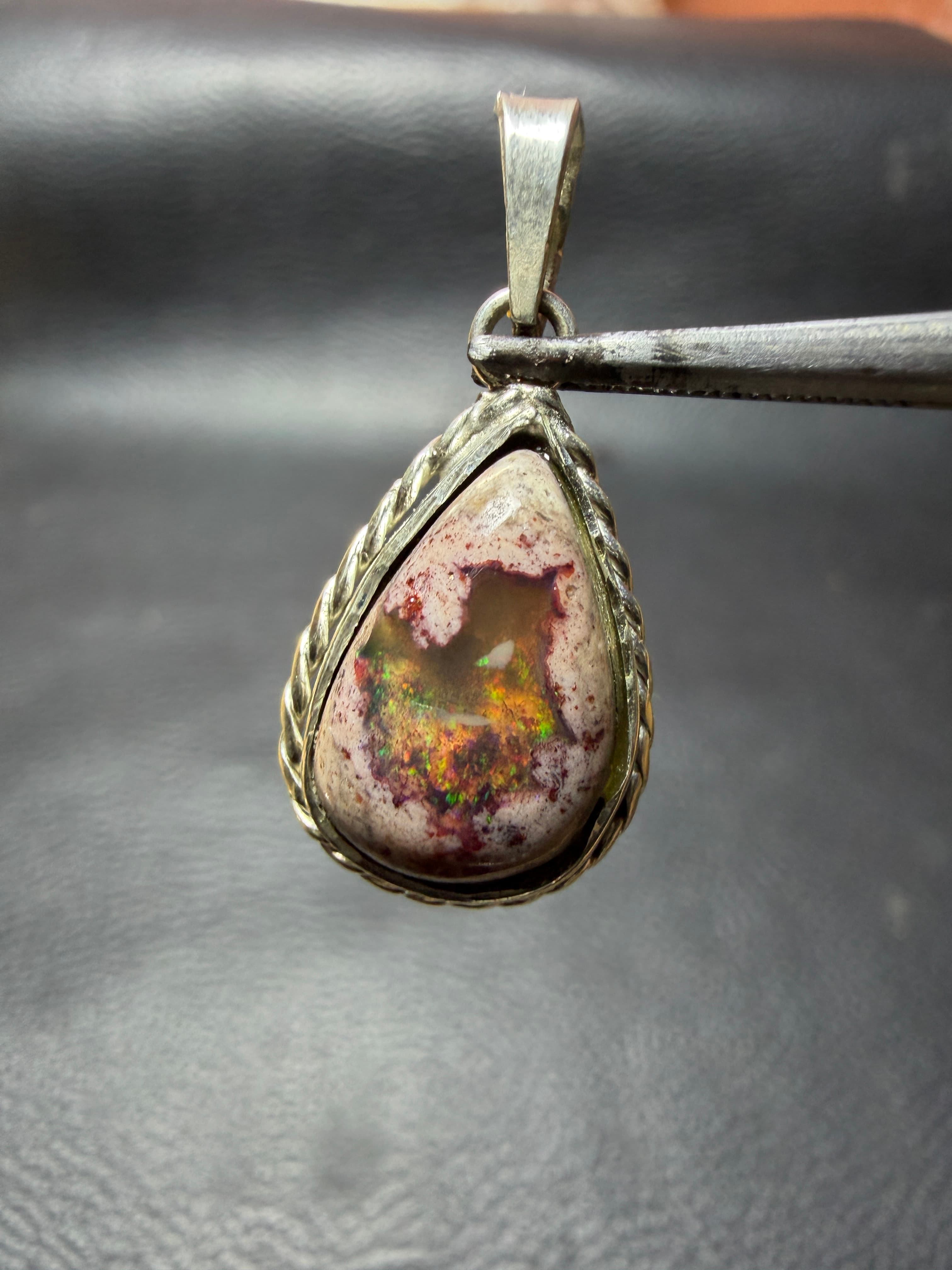 Mexican Fire Opal Pendant in Sterling Silver, Cantera Opal in Matrix, Green and Orange Flashes, Handmade