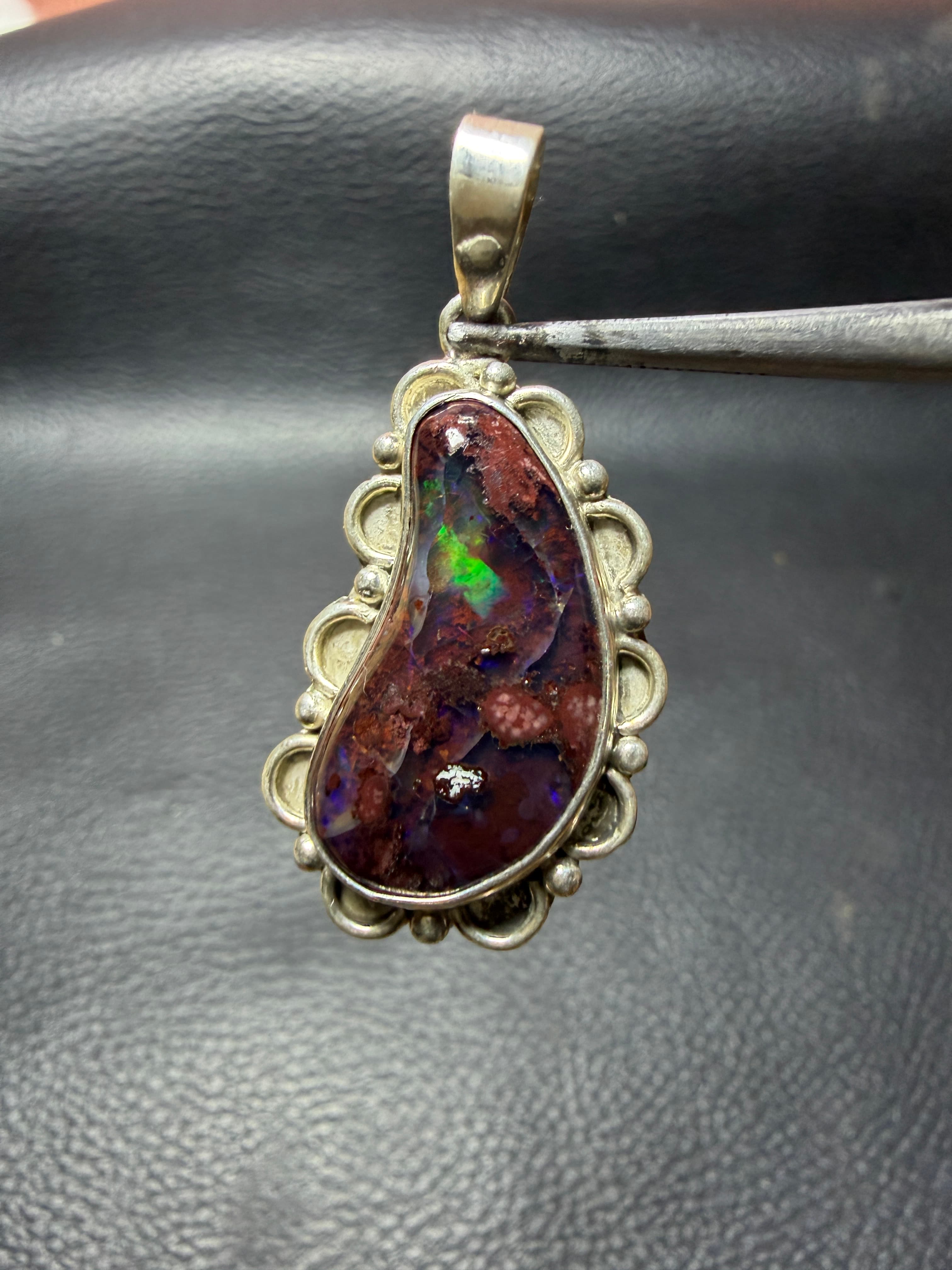 Mexican Fire Opal Pendant in Sterling Silver, Cantera Opal in Matrix, Wine Red Matrix with Purple Green Flash
