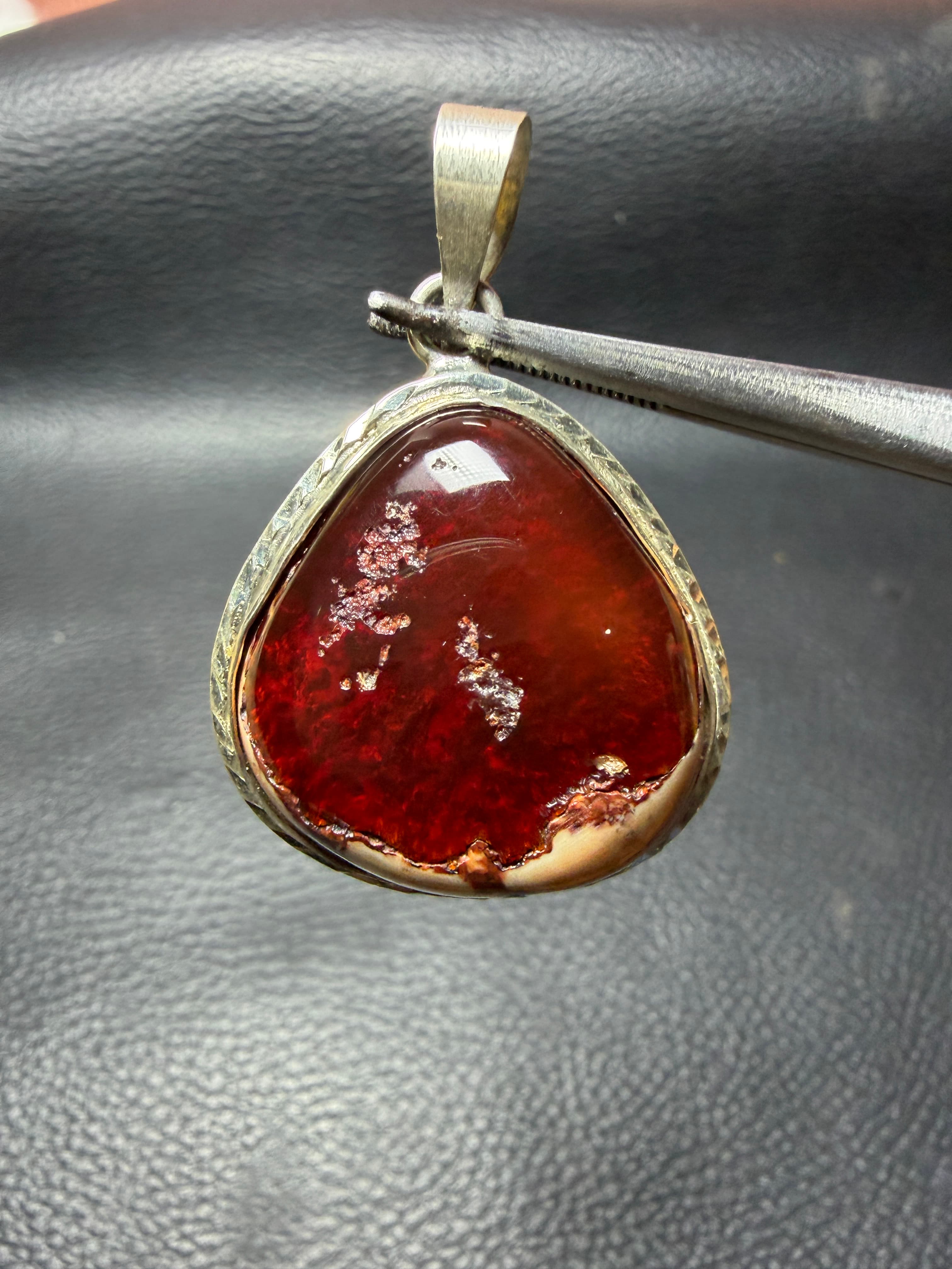 Mexican Cherry Fire Opal Pendant, Natural Cantera Opal in Matrix, Sterling Silver, Cabochon Red Opal Charm