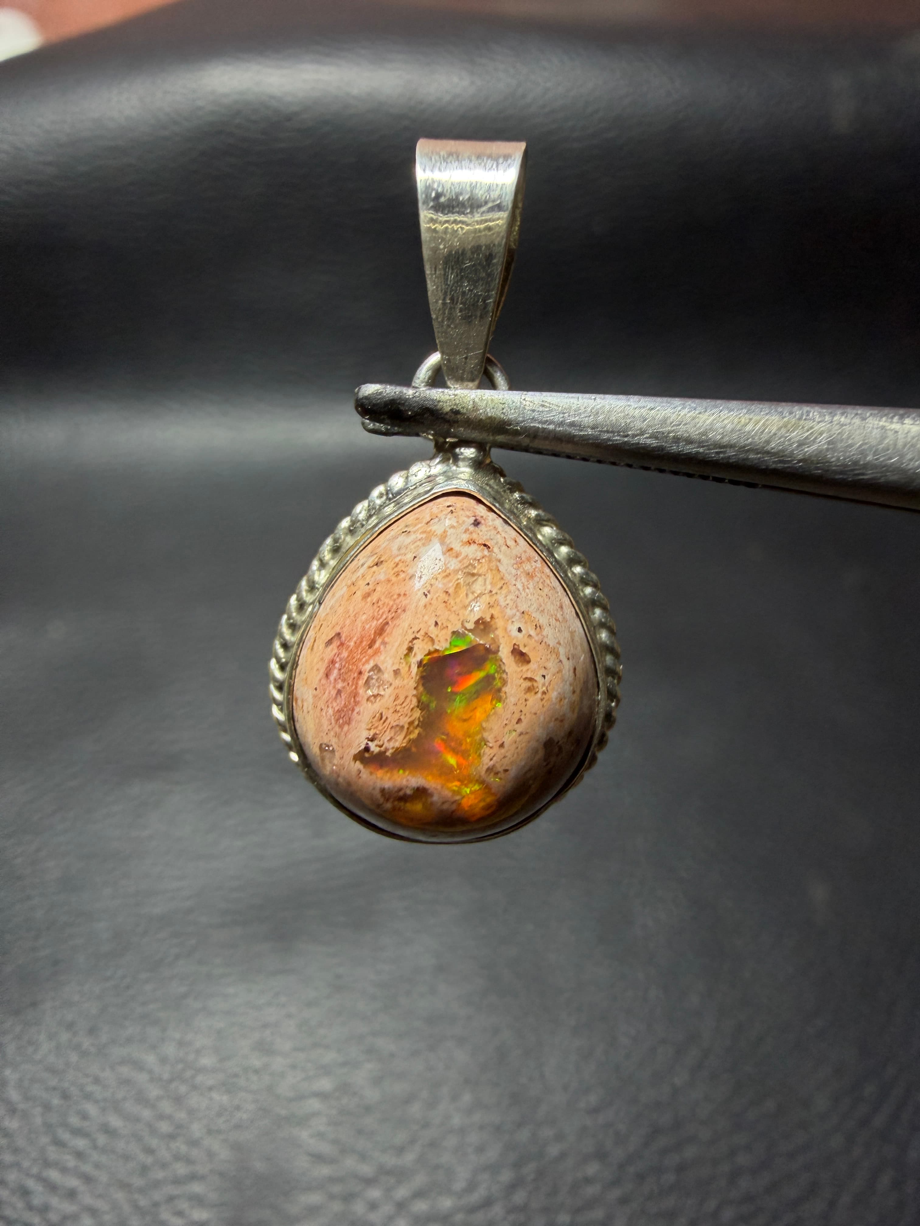 Mexican Fire Opal Pendant in Sterling Silver, Cantera Opal in Matrix, Rainbow Fire Opal Charm, Handmade