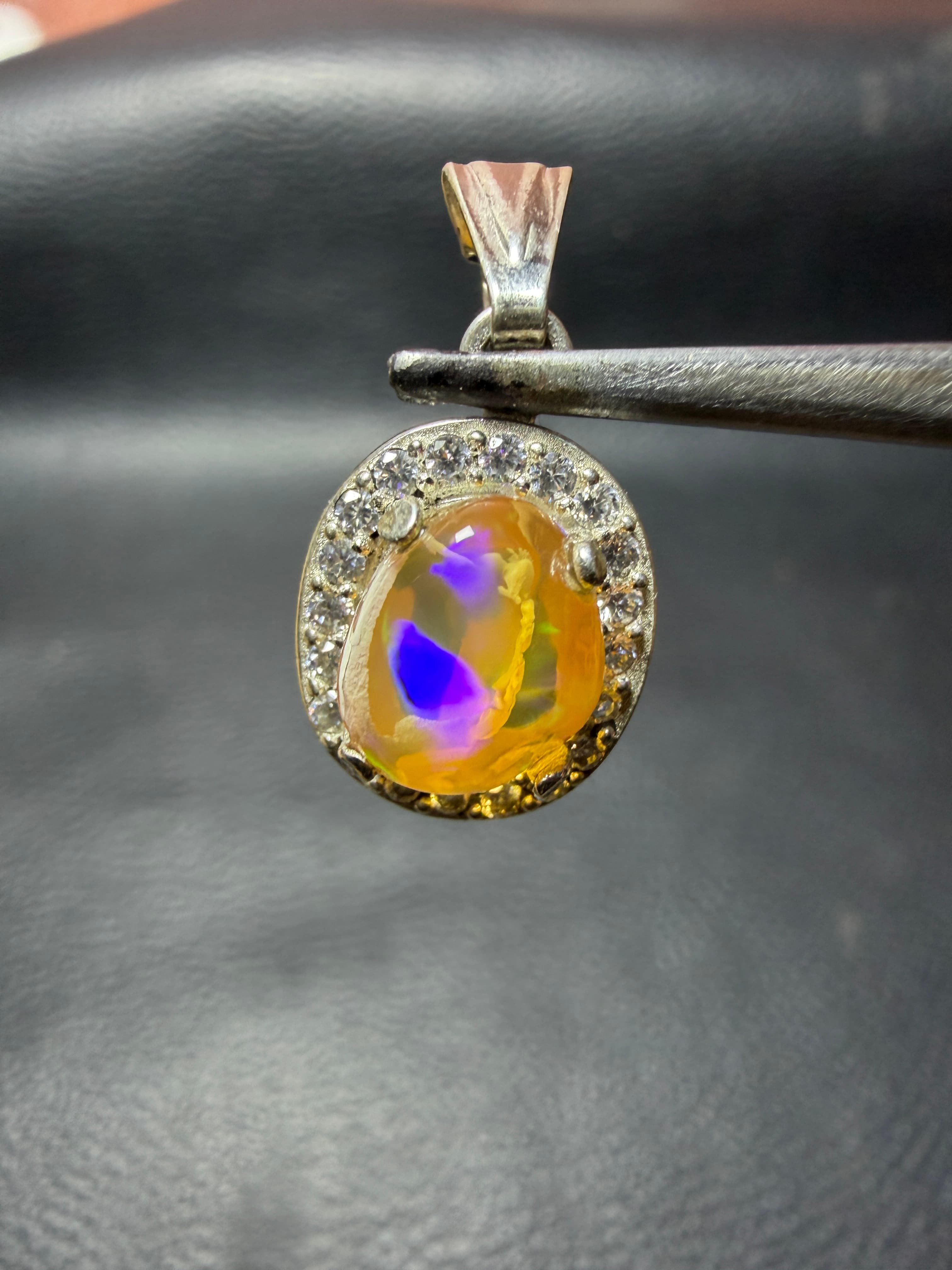 Mexican Fire Opal Pendant in Sterling Silver, Cantera Opal with Rainbow Flash, Halo of Cubic Zirconia