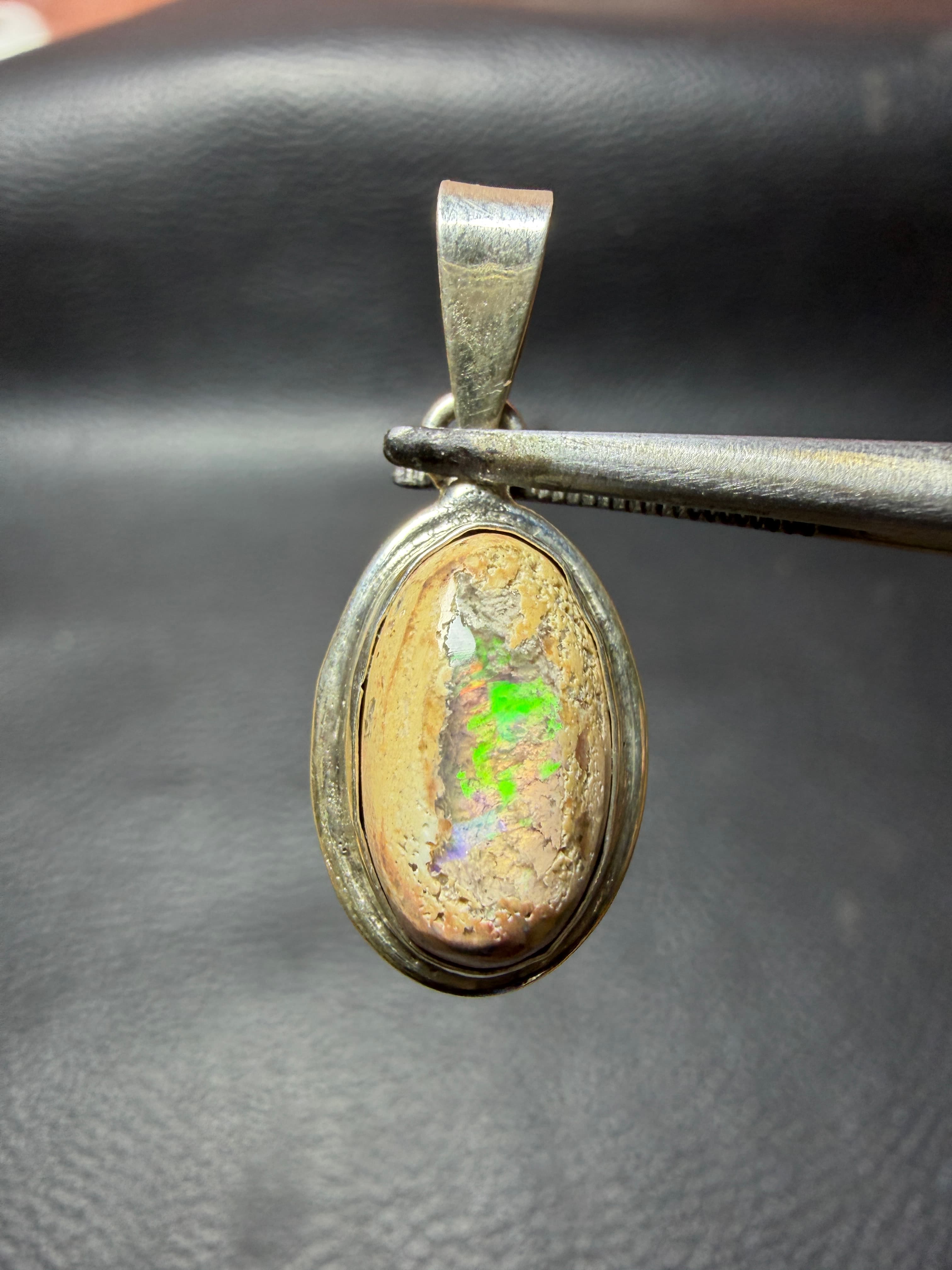 Mexican Fire Opal Pendant in Sterling Silver, Cantera Opal in Matrix, Rainbow Flash, Chain Included